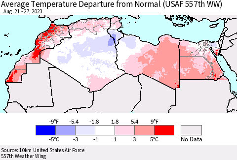 North Africa Average Temperature Departure from Normal (USAF 557th WW) Thematic Map For 8/21/2023 - 8/27/2023
