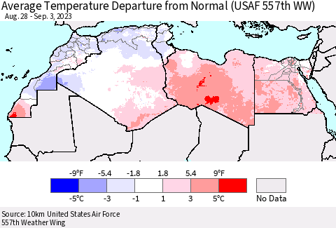 North Africa Average Temperature Departure from Normal (USAF 557th WW) Thematic Map For 8/28/2023 - 9/3/2023