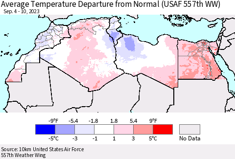 North Africa Average Temperature Departure from Normal (USAF 557th WW) Thematic Map For 9/4/2023 - 9/10/2023