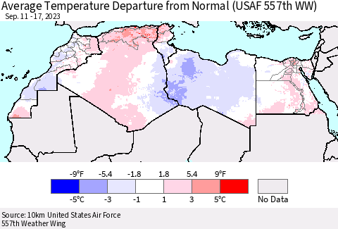 North Africa Average Temperature Departure from Normal (USAF 557th WW) Thematic Map For 9/11/2023 - 9/17/2023