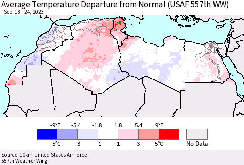 North Africa Average Temperature Departure from Normal (USAF 557th WW) Thematic Map For 9/18/2023 - 9/24/2023