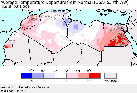 North Africa Average Temperature Departure from Normal (USAF 557th WW) Thematic Map For 9/25/2023 - 10/1/2023
