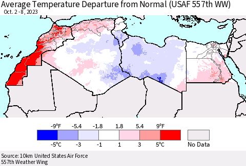 North Africa Average Temperature Departure from Normal (USAF 557th WW) Thematic Map For 10/2/2023 - 10/8/2023
