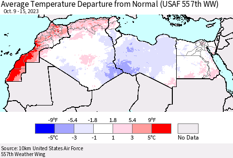 North Africa Average Temperature Departure from Normal (USAF 557th WW) Thematic Map For 10/9/2023 - 10/15/2023