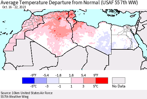 North Africa Average Temperature Departure from Normal (USAF 557th WW) Thematic Map For 10/16/2023 - 10/22/2023