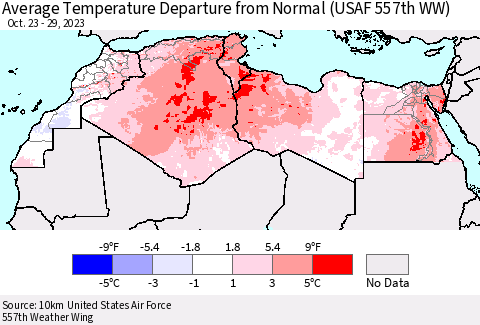 North Africa Average Temperature Departure from Normal (USAF 557th WW) Thematic Map For 10/23/2023 - 10/29/2023