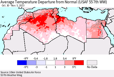 North Africa Average Temperature Departure from Normal (USAF 557th WW) Thematic Map For 10/30/2023 - 11/5/2023