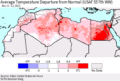 North Africa Average Temperature Departure from Normal (USAF 557th WW) Thematic Map For 11/6/2023 - 11/12/2023