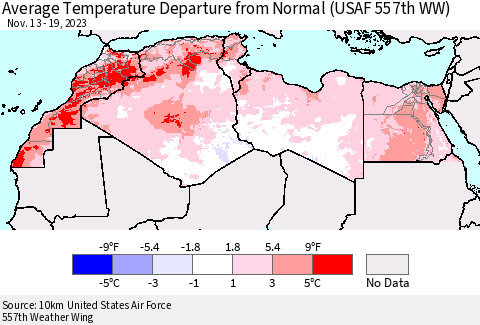 North Africa Average Temperature Departure from Normal (USAF 557th WW) Thematic Map For 11/13/2023 - 11/19/2023