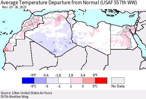 North Africa Average Temperature Departure from Normal (USAF 557th WW) Thematic Map For 11/20/2023 - 11/26/2023