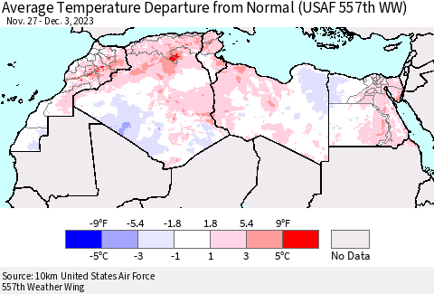 North Africa Average Temperature Departure from Normal (USAF 557th WW) Thematic Map For 11/27/2023 - 12/3/2023