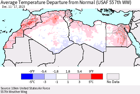 North Africa Average Temperature Departure from Normal (USAF 557th WW) Thematic Map For 12/11/2023 - 12/17/2023