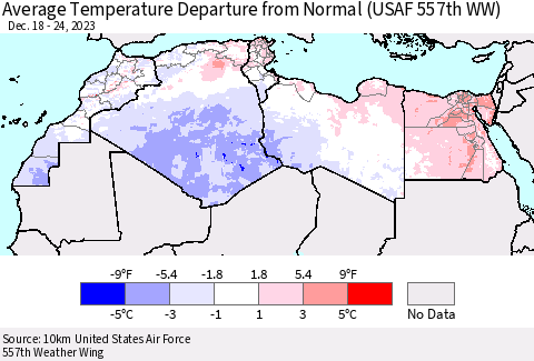 North Africa Average Temperature Departure from Normal (USAF 557th WW) Thematic Map For 12/18/2023 - 12/24/2023