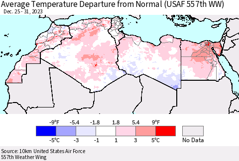 North Africa Average Temperature Departure from Normal (USAF 557th WW) Thematic Map For 12/25/2023 - 12/31/2023