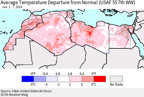 North Africa Average Temperature Departure from Normal (USAF 557th WW) Thematic Map For 1/1/2024 - 1/7/2024