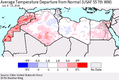 North Africa Average Temperature Departure from Normal (USAF 557th WW) Thematic Map For 1/8/2024 - 1/14/2024