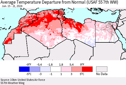 North Africa Average Temperature Departure from Normal (USAF 557th WW) Thematic Map For 1/15/2024 - 1/21/2024