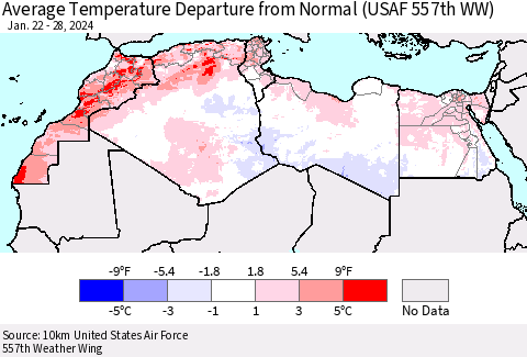 North Africa Average Temperature Departure from Normal (USAF 557th WW) Thematic Map For 1/22/2024 - 1/28/2024