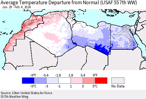 North Africa Average Temperature Departure from Normal (USAF 557th WW) Thematic Map For 1/29/2024 - 2/4/2024