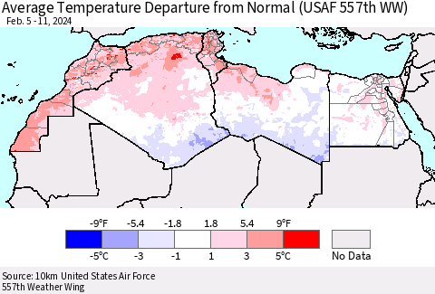 North Africa Average Temperature Departure from Normal (USAF 557th WW) Thematic Map For 2/5/2024 - 2/11/2024