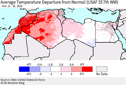North Africa Average Temperature Departure from Normal (USAF 557th WW) Thematic Map For 2/12/2024 - 2/18/2024