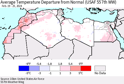 North Africa Average Temperature Departure from Normal (USAF 557th WW) Thematic Map For 2/19/2024 - 2/25/2024