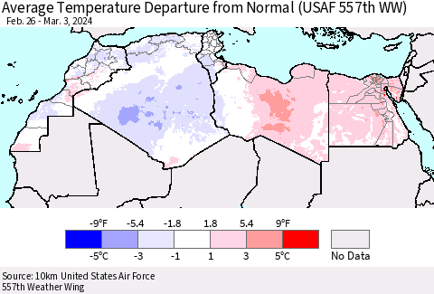 North Africa Average Temperature Departure from Normal (USAF 557th WW) Thematic Map For 2/26/2024 - 3/3/2024