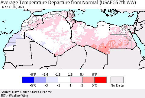 North Africa Average Temperature Departure from Normal (USAF 557th WW) Thematic Map For 3/4/2024 - 3/10/2024