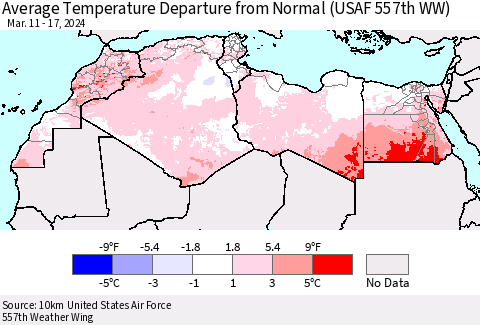 North Africa Average Temperature Departure from Normal (USAF 557th WW) Thematic Map For 3/11/2024 - 3/17/2024
