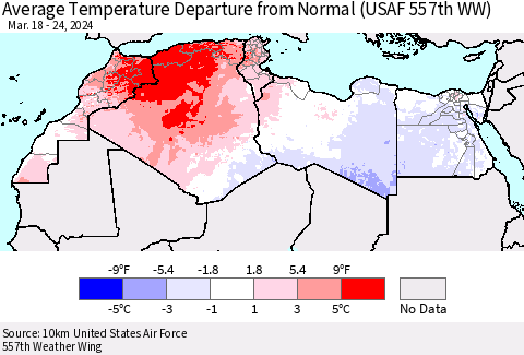 North Africa Average Temperature Departure from Normal (USAF 557th WW) Thematic Map For 3/18/2024 - 3/24/2024