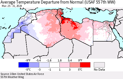 North Africa Average Temperature Departure from Normal (USAF 557th WW) Thematic Map For 3/25/2024 - 3/31/2024