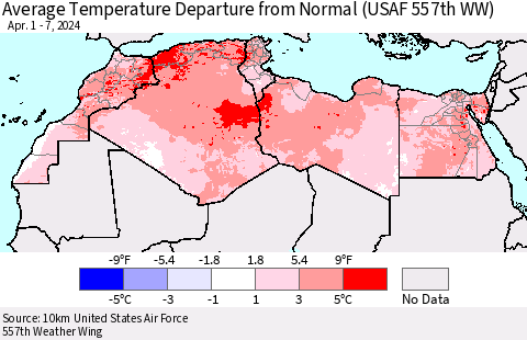 North Africa Average Temperature Departure from Normal (USAF 557th WW) Thematic Map For 4/1/2024 - 4/7/2024