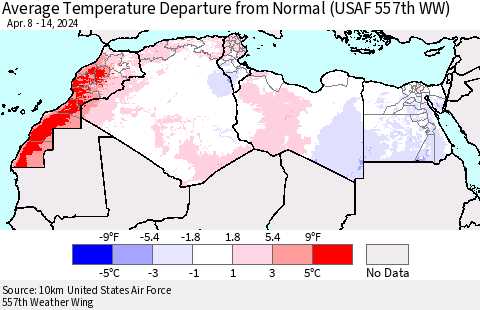North Africa Average Temperature Departure from Normal (USAF 557th WW) Thematic Map For 4/8/2024 - 4/14/2024
