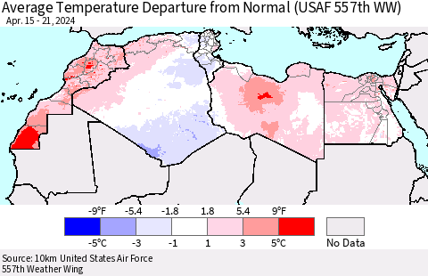 North Africa Average Temperature Departure from Normal (USAF 557th WW) Thematic Map For 4/15/2024 - 4/21/2024