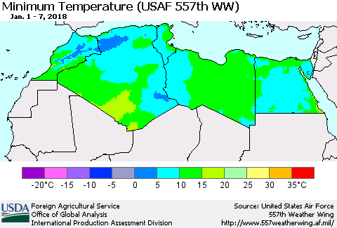 North Africa Mean Minimum Temperature (USAF 557th WW) Thematic Map For 1/1/2018 - 1/7/2018