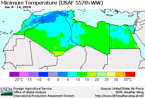 North Africa Mean Minimum Temperature (USAF 557th WW) Thematic Map For 1/8/2018 - 1/14/2018