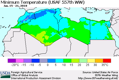 North Africa Mean Minimum Temperature (USAF 557th WW) Thematic Map For 1/15/2018 - 1/21/2018