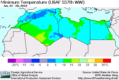 North Africa Mean Minimum Temperature (USAF 557th WW) Thematic Map For 1/22/2018 - 1/28/2018