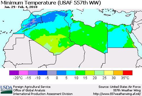 North Africa Mean Minimum Temperature (USAF 557th WW) Thematic Map For 1/29/2018 - 2/4/2018