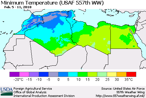 North Africa Mean Minimum Temperature (USAF 557th WW) Thematic Map For 2/5/2018 - 2/11/2018