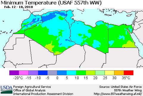 North Africa Mean Minimum Temperature (USAF 557th WW) Thematic Map For 2/12/2018 - 2/18/2018