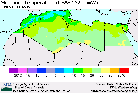 North Africa Mean Minimum Temperature (USAF 557th WW) Thematic Map For 3/5/2018 - 3/11/2018