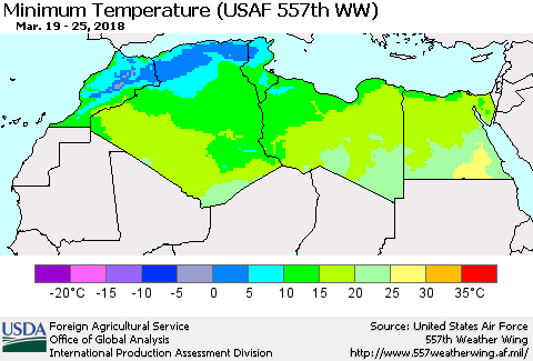 North Africa Mean Minimum Temperature (USAF 557th WW) Thematic Map For 3/19/2018 - 3/25/2018