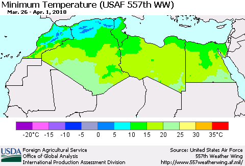 North Africa Mean Minimum Temperature (USAF 557th WW) Thematic Map For 3/26/2018 - 4/1/2018