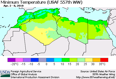 North Africa Mean Minimum Temperature (USAF 557th WW) Thematic Map For 4/2/2018 - 4/8/2018