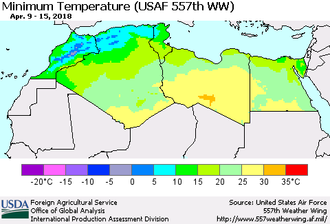 North Africa Mean Minimum Temperature (USAF 557th WW) Thematic Map For 4/9/2018 - 4/15/2018