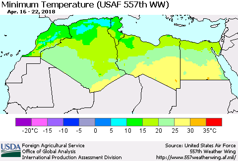 North Africa Mean Minimum Temperature (USAF 557th WW) Thematic Map For 4/16/2018 - 4/22/2018