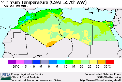 North Africa Mean Minimum Temperature (USAF 557th WW) Thematic Map For 4/23/2018 - 4/29/2018