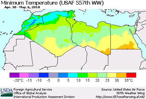 North Africa Mean Minimum Temperature (USAF 557th WW) Thematic Map For 4/30/2018 - 5/6/2018