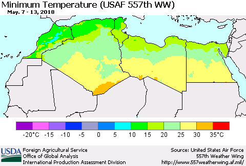 North Africa Mean Minimum Temperature (USAF 557th WW) Thematic Map For 5/7/2018 - 5/13/2018